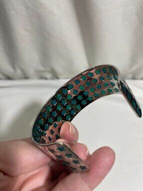 Silver Tone Teal Star Wide Cuff Bracelet Open Back Celestial Fashion Jewelry